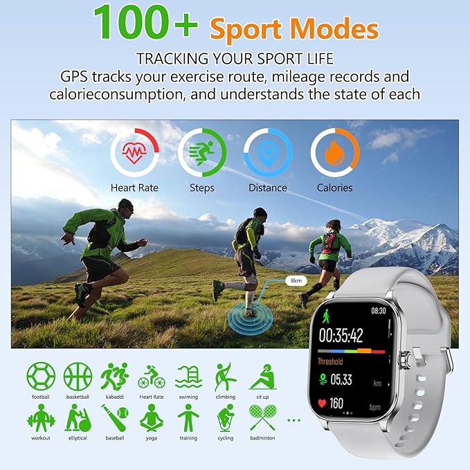 Smart Watch for Women Men with Text and Call, 2025 New AI Smartwatches with Heart Rate/SpO2/Sleep/Stress Monitor, 100+ Sports Modes, GPS Fitness Watches Compatible with iOS/Android (GPS, Silver)