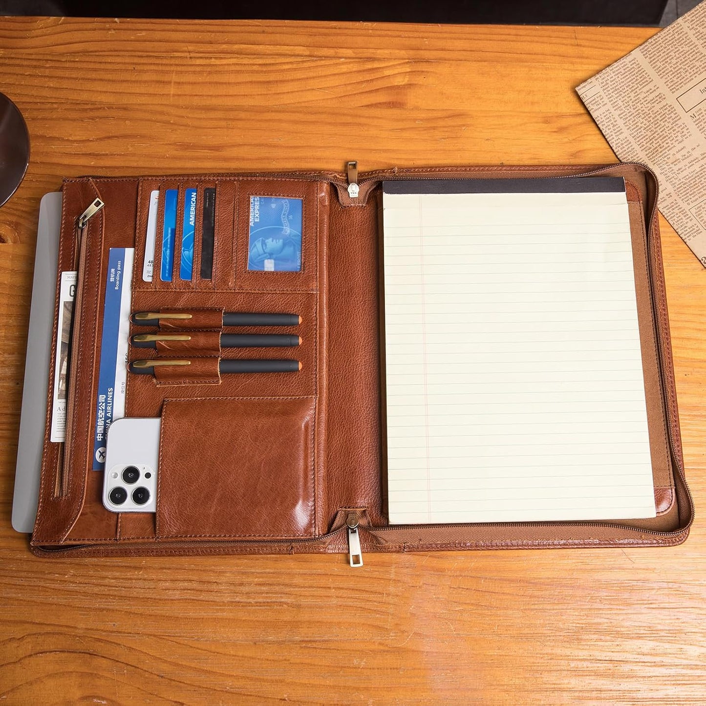 Genuine Leather Portfolio with Hidden Handle, Front Pocket, Business Padfolio Tablet/13” Laptop Organizer, Folio Document Cell Phone Holder, Professional Executive Folder, Brown, Oil Tanned