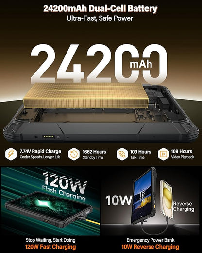 Ulefone Armor Pad 5 Pro 5G Rugged Tablet, Dimensity 7400X 32GB+512GB/2TB Expansion Android 15, 24200mAh(120W), 11" FHD+ Screen, IP68/69K, 64MP+64MP, 32MP, Dual LED Lights/Warning Lights, Widevine L1