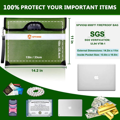Upgraded 6500°F Fireproof Document Bag with Lock, Fireproof Money Bag for Cash w. Zipper/Reflective Strip, 10Layers of Heat Insulated Materials, Water Resistant Fireproof Bag for Documents, Fire Bag