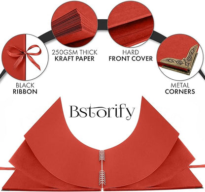 Bstorify Square Scrapbook Photo Albums 80 Pages (11 x 11 Inch) Red Thick Paper, Hardcover, Ribbon Closure - Ideal for Your Scrapbooking Albums, Art & Craft Projects (Red, 11 x 11 Inch)