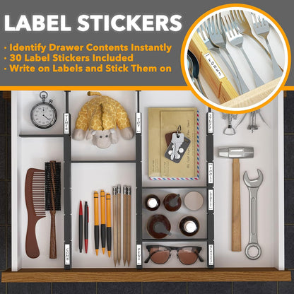SpaceAid Bamboo Drawer Dividers with Inserts and Labels, Kitchen Adjustable Drawer Organizers, Expandable Organization for Home, Office, Dressers, 4 Dividers with 9 Inserts (17"-22" Black)