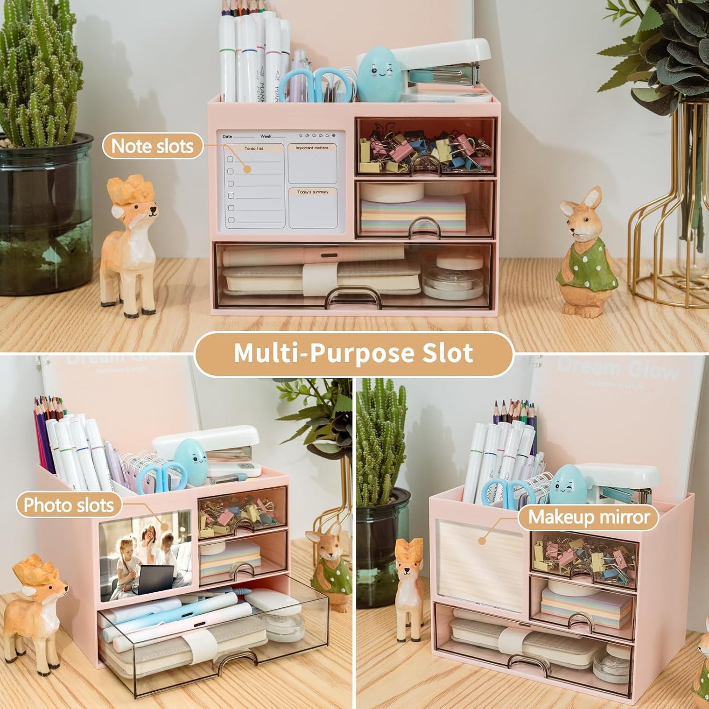 Multi-Functional Desk Organizer with 3 Drawer and 8 Compartments, Pink