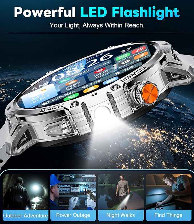 LIGE Smart Watch with 1.85" HD Large Screen, Android iPhone Smart Watches for Men with 1000mAh Battery/LED Flashlight/50M Waterproof/,120+ Sports Fitness Tracker Watch, Silver (Double Straps)