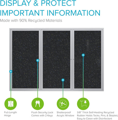 Ghent 36"x72" 3-Door indoor Enclosed Recycled Rubber Bulletin Board, Shatter Resistant, with Lock, Satin Aluminum Frame, Confetti (PA33672TR-CF) ,Made in the USA