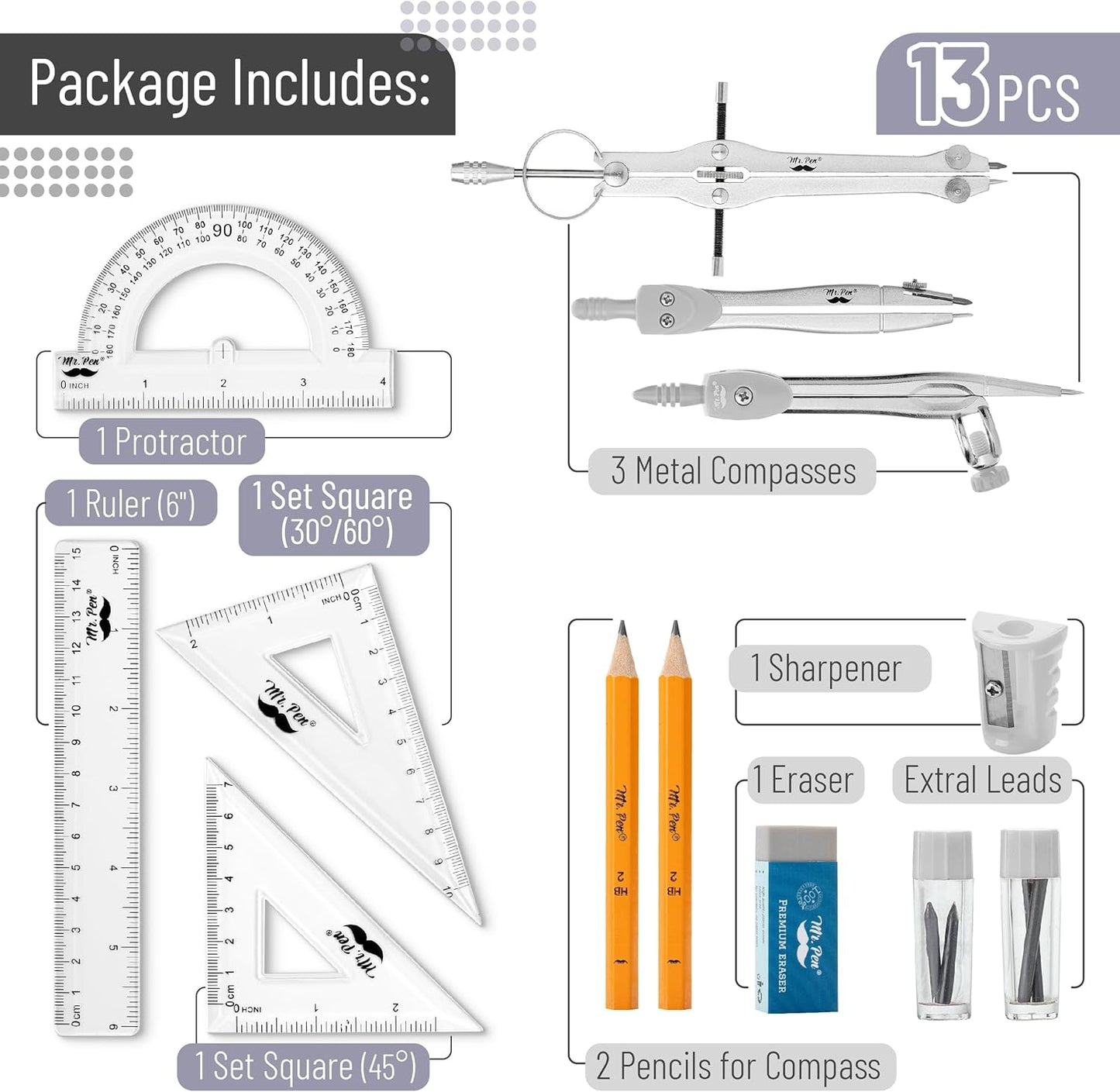 Mr. Pen- Geometry Set, 13 pcs, Compass for Geometry Compass, Geometry Kit Set with Shatterproof Storage Box, Math Compass, Geometry Set for School, Compass Math, Protractor and Compass Set, Grey