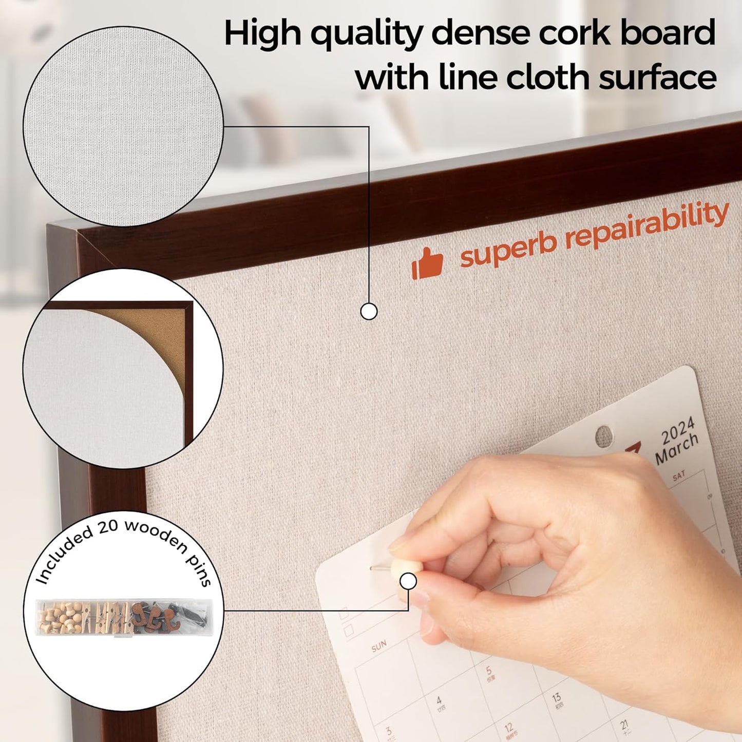 Fun Memories Cork Board Bulletin Board for Office, 24" x 36" Pine Wooden Framed Corkboard, Wall Mounted Notice Pin Board for School Home & Office, Dark Walnut