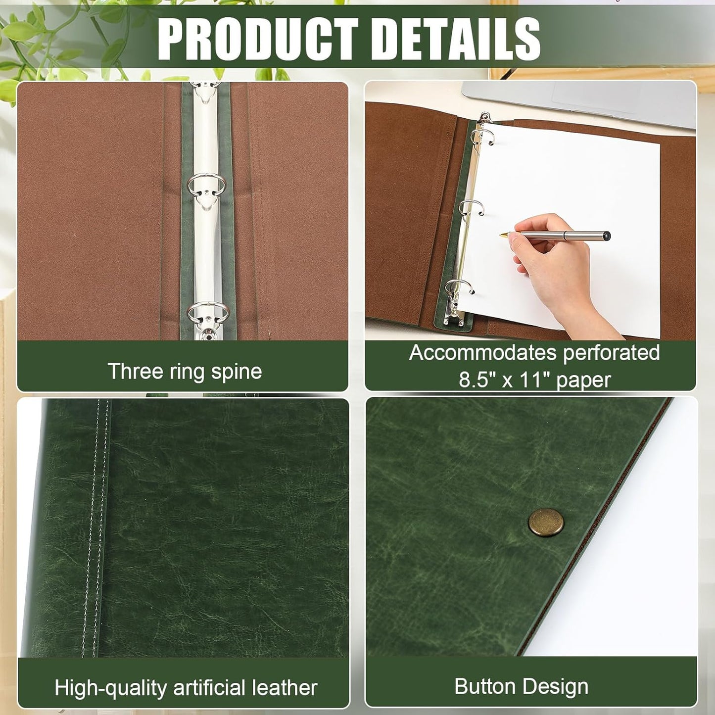 Teling Leather 3 Ring Binder Holds 8.5 x 11 Inch Paper Binder Organizer Vintage Faux Leather Portfolio Folder Planner for Office Home Document Photo Diary Supplies (Dark Green)