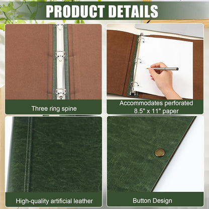 Teling Leather 3 Ring Binder Holds 8.5 x 11 Inch Paper Binder Organizer Vintage Faux Leather Portfolio Folder Planner for Office Home Document Photo Diary Supplies (Dark Green)