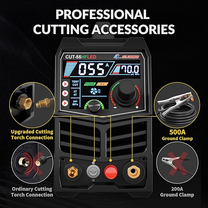 GZ GUOZHI Plasma Cutter 55Amp High Frequency Non-Touch Arc Digital Screen Display DC Inverter 110/220V Dual Voltage Blowback Plasma Cutting Machine CUT-55HFLED