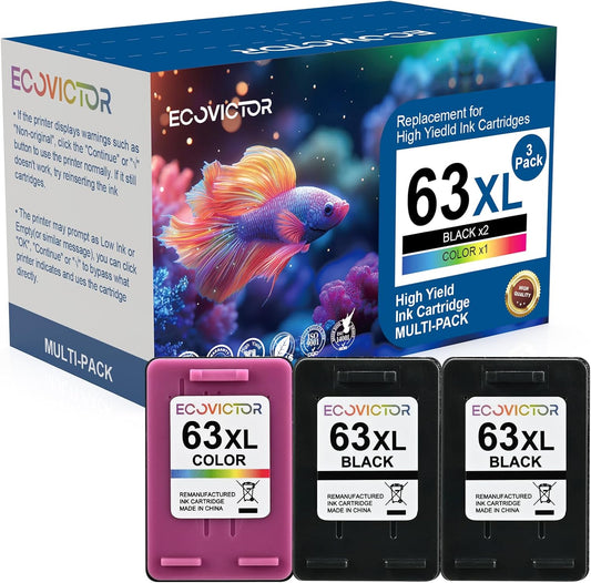 63XL Ink Cartridges Replacement for HP Ink 63 XL (2 Black and 1 Color Combo 3-Pack) for HP63 HP63XL 3830 4650 4520 4512 4510 4652 4655 5200 5255 5252 5258 3630 3632 2132 1112 2130 Printer