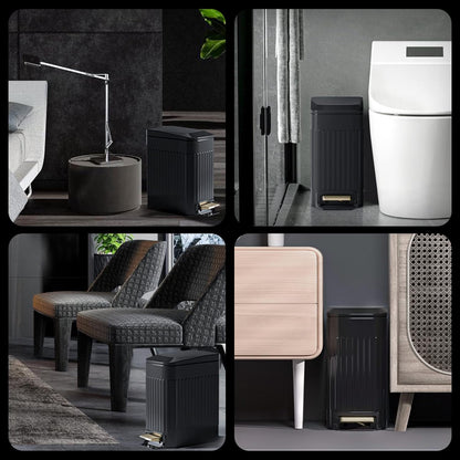 Small Bathroom Trash Can with Lid Soft Close-6L/1.6 Gal Slim Step Garbage Can-Metal Pedal Wastebasket-Narrow Rectangle Garbage Container Bin for Corner Office, Bedroom, Toilet, Live Room-Black