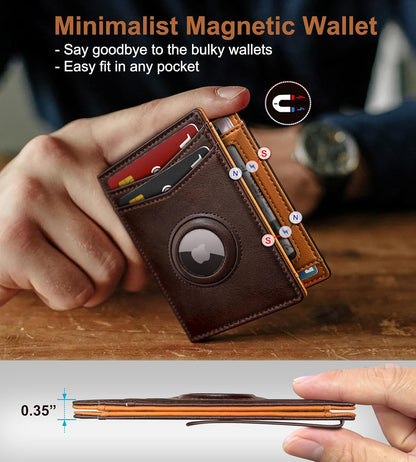 Airtag Wallet for Men- with Money Clip Gift Boxed, Magnetic Closure Slim Genuine Leather Front Pocket Wallet, 4.1"x 2.8", RFID Blocking