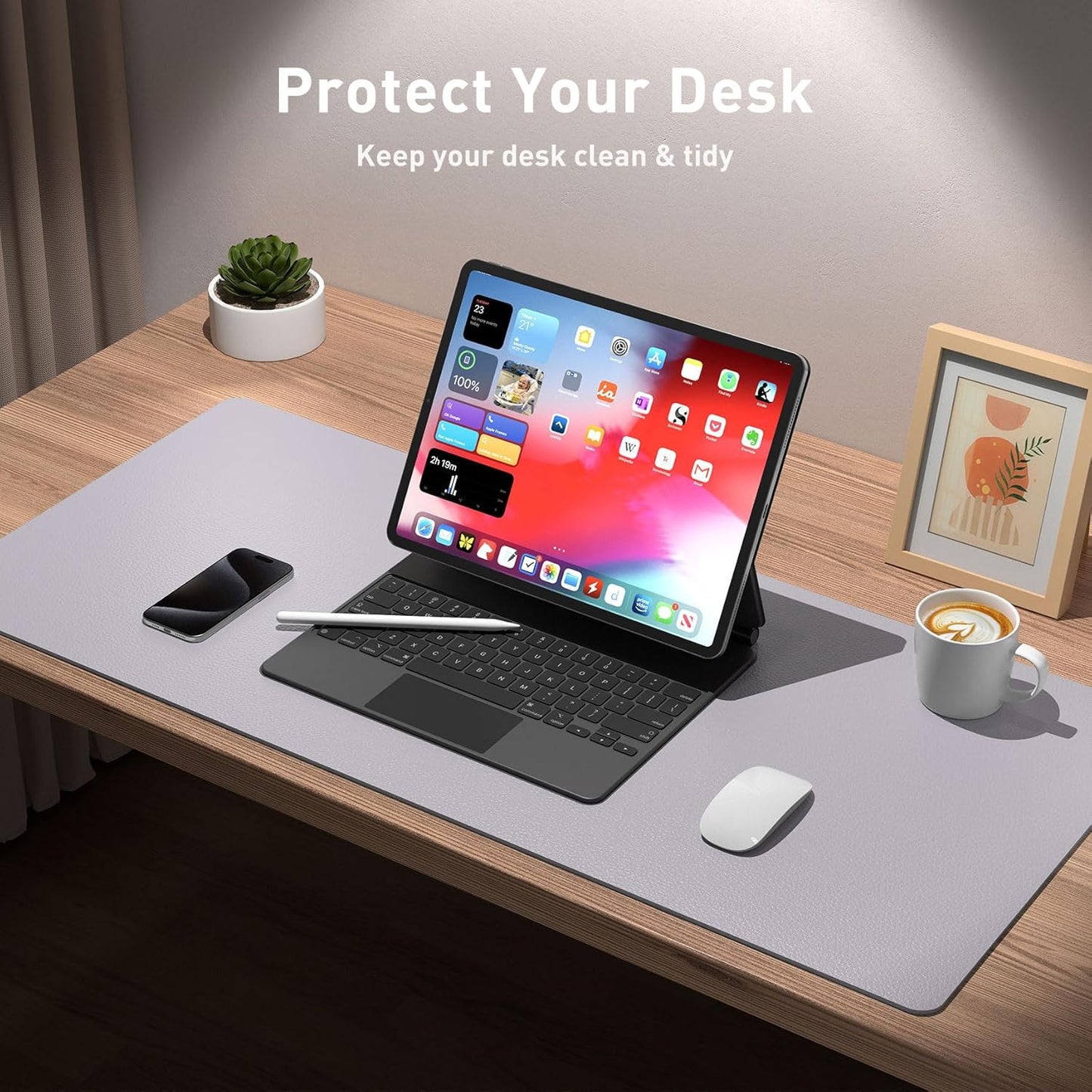 Aothia Large PU Leather Desk Pad Protector - Non-Slip Mouse Pad & Writing Mat for Office/Home, Waterproof, Easy to Clean (36" x 17", Smoky Lavender)
