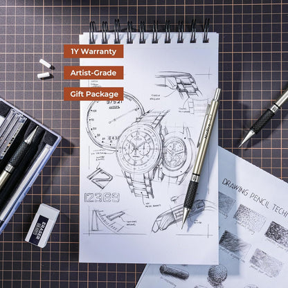 Nicpro 0.7 mm Art Mechanical Pencil Set in Storage Case, 3 PCS Metal Drafting Pencil Lead Pencil with 6 Tube HB Lead Refills, 3 Erasers, 9 PCS Eraser Refills for Artist Writing, Drawing, Sketching