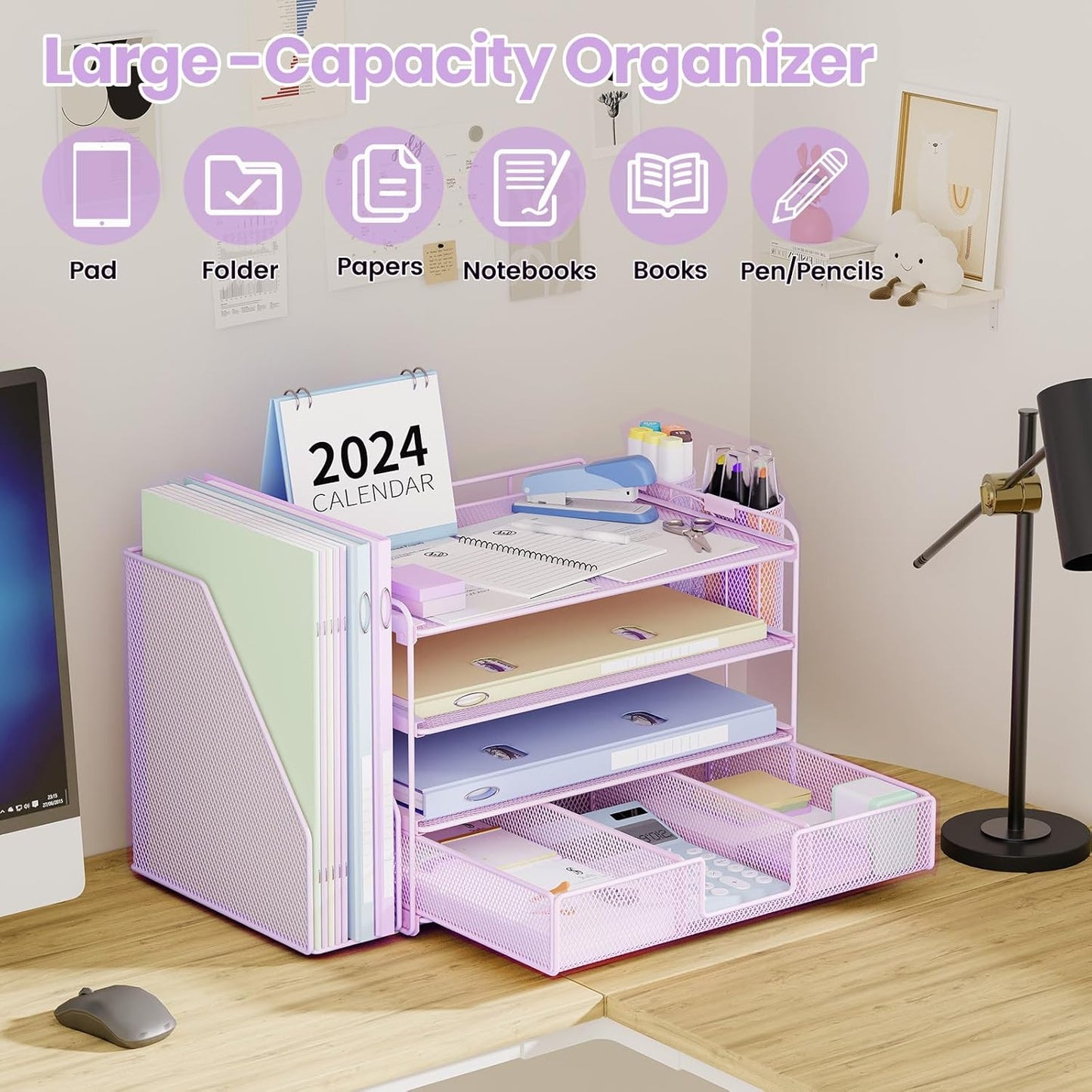 Desk Organizer and Accessories, 4-Tier Desktop File Organizer with Drawer and 2 Pen Holders, Office Desk Accessories for Office Supplies(Purple)