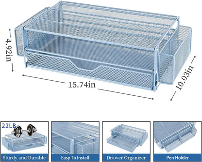 AUPSEN Computer Monitor Stands Riser，2-Tier Desk Organizers and Accessories, Office Desk Accessories Organizer with Drawers and 2 Pen Holder for Office Supplies (Blue)