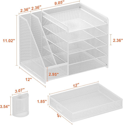 Marbrasse Desk Organiser with File Holder, 5-Tier Paper Letter Tray Organiser with Drawer and 2 Pen Holder, Mesh Desktop Organizer and Storage with Magazine Holder for Office Supplies(White)