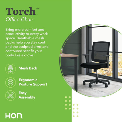 HON Torch Ergonomic Mid-Back Office Chair, Comfortable Fabric Seat Home Office Task Chair, Tilt-Tension Recline Control, 360 Rolling Swivel, Sculpted Fixed Arms