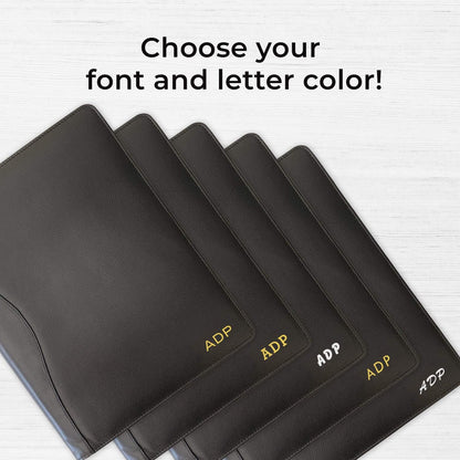 Personalized Premium Genuine Leather Portfolio Folder, Padfolio for Men and Women, with Business Card Holder, Pockets, Pen Loop, Document Organizer - Black