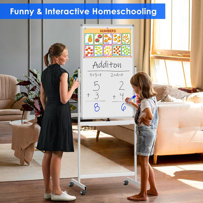 Magnetic Mobile White Board, 40 x 24 Double Sided Dry Erase Board Rolling Whiteboard Aluminum Frame Standing Whiteboard on Wheels