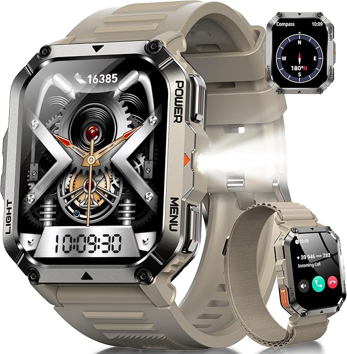 Military Smart Watch for Men (Answer/Make Calls), 2.01" Fitness Watch Tracker with 100-Day Battery/Flashlight/Compass/Heart Rate/120+ Sports Modes/IP68 Waterproof Smartwatch for iOS Android(2 Straps)