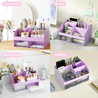 Desk Accessories with Pen Holder, Office Supplies Desk Organizers and Accessories, Tape Dispenser, Stapler, Staple Remover, Staples, Clips Set, Ruler, Scissor, Pen, Tape (Purple)