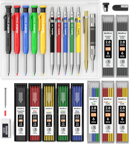 Nicpro 27 Pack Carpenter Pencils for Woodworking, Construction Mechanical Pencil with 100 Refill, Automatic Center Punch and Carbide Scribe Carpenter Tool, Construction Pencil for Carpenters Marking