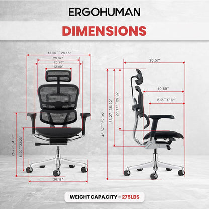 Ergohuman Eurotech ME7ERG GEN2 High Back Mesh Office, Computer, or Gaming Chair w/Tilt Tension Control & Lock, Back Angle/Height, Swivel Arms, Seat Height,/Depth, and Arm Height Adjustments, Black