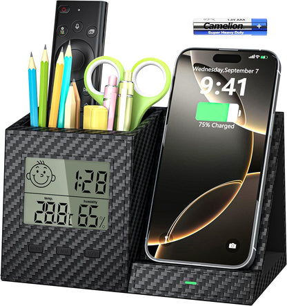 Multifunctional Pen Holder and Organizer for Desk with Wireless Charger, Digital Indoor Thermometer and Humidity Gauge, Home Office Organizers and Storage (Battery Included)