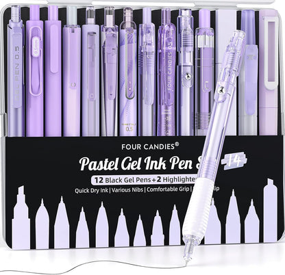 Four Candies 14Pack Pastel Gel Ink Pen Set,Cute Retractable 0.5mm Fine Point Pen,11 Pack Black Ink and 1 Pc Purple Ink Pens with 2Pcs Highlighter for School, Office, Mothers Day Gifts(Purple)