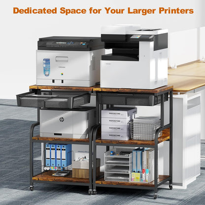 EasyCom Large Printer Stand with Storage Drawer, 5 Adjustable Shelf & 3-Tier Rolling Cart with Industrial Wheels for Desk, Mobile Printer Table for Home Office Fits 3D Printer Scanner Fax Rustic Brown