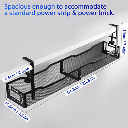 Clamp-On Under Desk Cable Management Tray – 25.3 Inch No Drill Metal Wire Organizer for Home Office & Standing Desk Setup (Black)