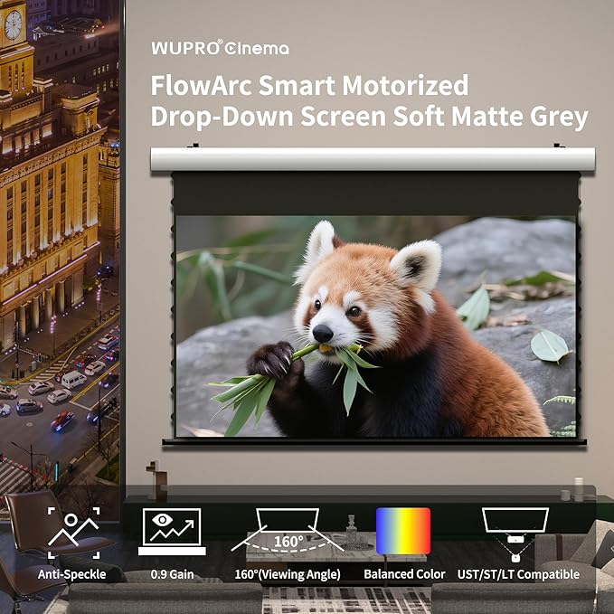 FlowArc Smart Motorized Drop Down Projector Screen Gray Fabric, Anti-Speckle,Wall/Ceiling Installation,Compatible for All Projectors (84")