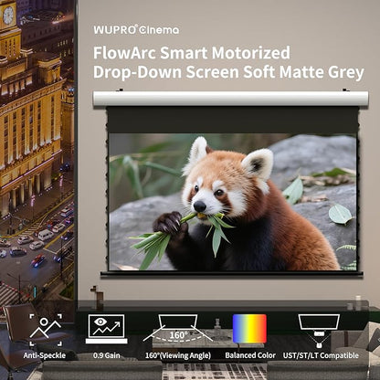 FlowArc Smart Motorized Drop Down Projector Screen Gray Fabric, Anti-Speckle,Wall/Ceiling Installation,Compatible for All Projectors (110”)