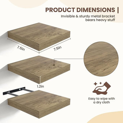 Fun Memories Floating Shelves for Wall - 7.5 Inch Square Shelves with Invisible Brackets, Small Wall Shelf for Living Room, Bathroom, Bedroom, and Kitchen Decor，Grey Set of 3