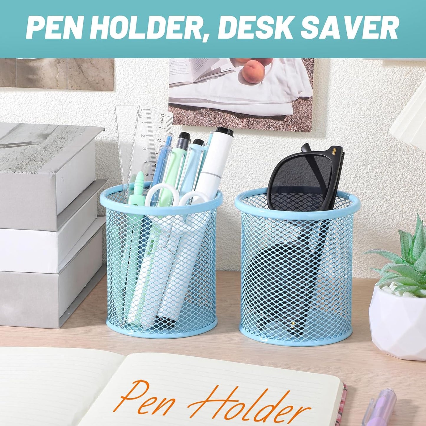 Segarty Pencil Holder, 3 Pack Light Blue Pen Holder, Pencils Cups for Desk, Round Mesh Pens Container Organizer for Office Supplies, School Classroom, Makeup Brush, Home Storage