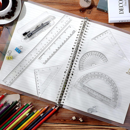 Zonon 1 Set Plastic Geometry Math Set Includes Drawing Compass, 6 and 4 Inch Protractor, 45/60 Degree Triangle Rulers 12 and 6 Inch Math Ruler Transparent for Office Supplies(Clear)