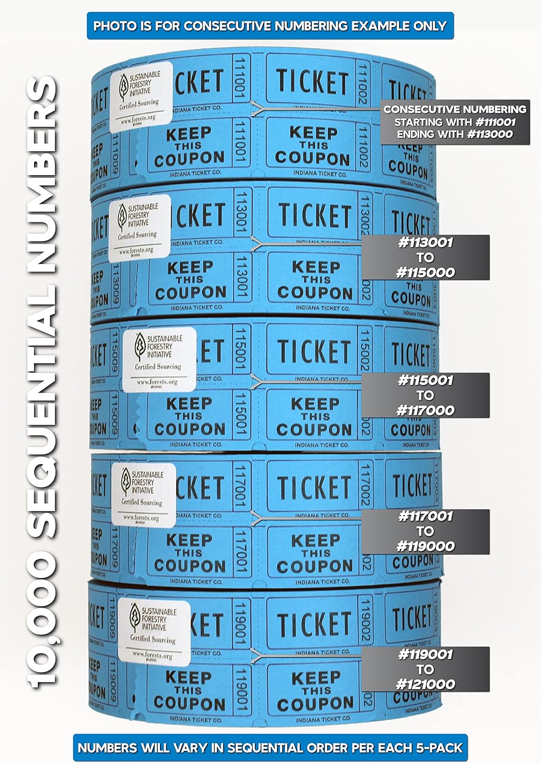 INDIANA TICKET CO. 10,000 Blue CONSECUTIVELY Numbered Raffle Ticket Roll. 5 Rolls of 2,000, for Classroom Rewards, Events, Fundraisers, Door Entry, Raffles, Prizes, Drink/Food Tickets, & More