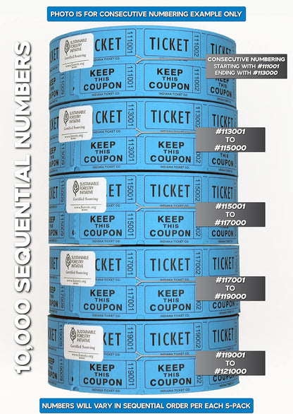 INDIANA TICKET CO. 10,000 Blue CONSECUTIVELY Numbered Raffle Ticket Roll. 5 Rolls of 2,000, for Classroom Rewards, Events, Fundraisers, Door Entry, Raffles, Prizes, Drink/Food Tickets, & More