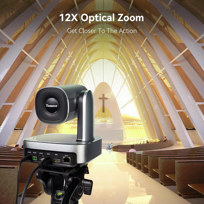 Tenveo VLoop 4K PTZ Camera with 12X Optical Zoom Wide View Angle USB3.0/HDMI/RJ45/PoE Live Streaming Camera for Church Video Conference Broadcast Works with Zoom Skype Teams, Red Dot Design Winner