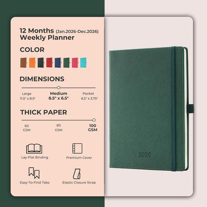 Weekly Monthly 2026 Planner (Jan.26-Dec.26),8.5"x6.5",12 Months Agenda Plan with Month Tabs & Pocket,Expenses/Note Pages, Appointment Book Calendar with Hardcover Vegan Leather Cover,Green