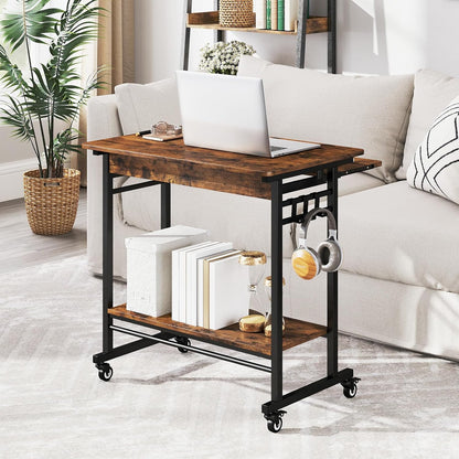 Tangkula Rolling Computer Desk Cart with Keyboard Tray, Mobile Portable Laptop PC Desk with CPU Stand & 3 Hooks for Sofa & Bed, Industrial Small Desk on Wheels for Small Spaces, Home Office Desk