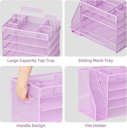 Marbrasse 5-Tier Desk Organizer with File Holder,Paper Letter Tray Organizer,Desktop File Organizer with Adjustable Compartments,Mesh Desk Organizers and Accessories for Office Supplies,Purple