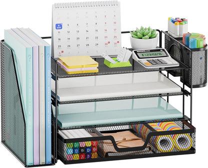 Marbrasse Desk Organizer and Accessories，4-Tier Paper Letter Tray Organizer with File Holder, Desk Accessories & Workspace Organizers with Drawer and 2 Pen Holder (Black, 15.4" x 9.1" x 8.3")