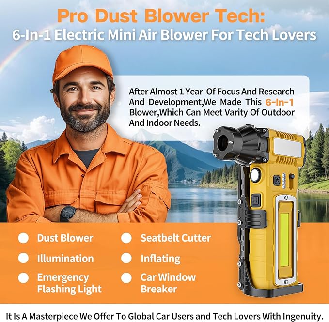 Compressed Air Duster 300000RPM 8000mAh,6-in-1 Electric Mini Air Blower with LED Light,Cordless Rechargeable Air Duster for PC Keyboard Computer Car Cleaning Electronics Cleaner Home and Outdoor Use