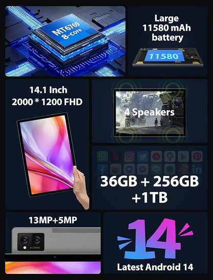 2025 Tablet 14 inch Android 14 Tablets - 2K Tablet (2000x1200), 36GB+256GB(1TB TF), 11580mAh, 8-Core 2.0GHz, 5G/2.4G Dual WiF,8+13MP, 4 Speakers,Split Screen, GPS with Stylus - Gray