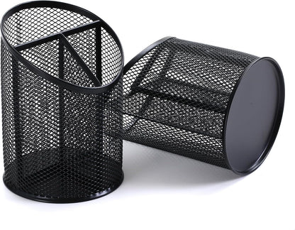 Nicunom 4 Pack Pen Holder Mesh Pencil Holder Round Pen Cup for Desk, 3 Compartments Desktop Pencil Organizer for Office Home School, Black