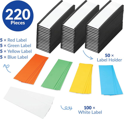 50 Pack "C" Channel Magnetic Label Holders 1x3 with 100 White Card Inserts, 50 Clear Plastic Protectors and Bonus 20 Colorful Cardstock Inserts in Blue, Green, Yellow and Red - Double-Sided Cards