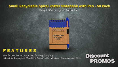DISCOUNT PROMOS 50 Recyclable Spiral Small Notebooks Pack - Customizable Text, Logo - 60 Lined Pages - Blue